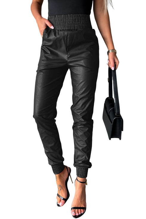 Smocked High-Waist Leather Skinny Pants